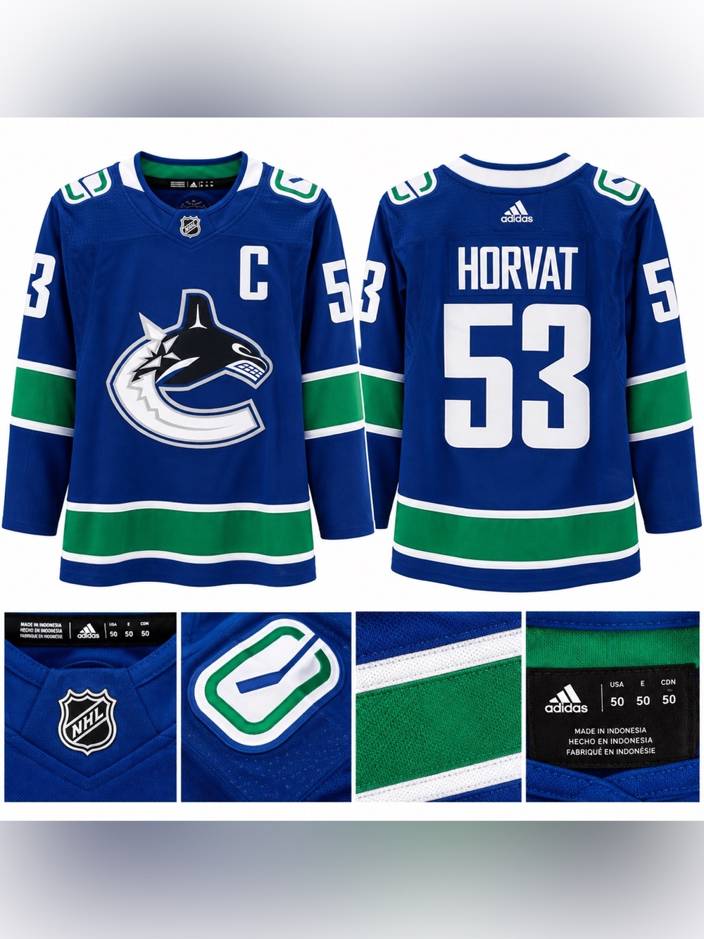VANCOUVER CANUCKS HORVAT AUTHENTIC HAND STITCHED ADIDAS Size 46